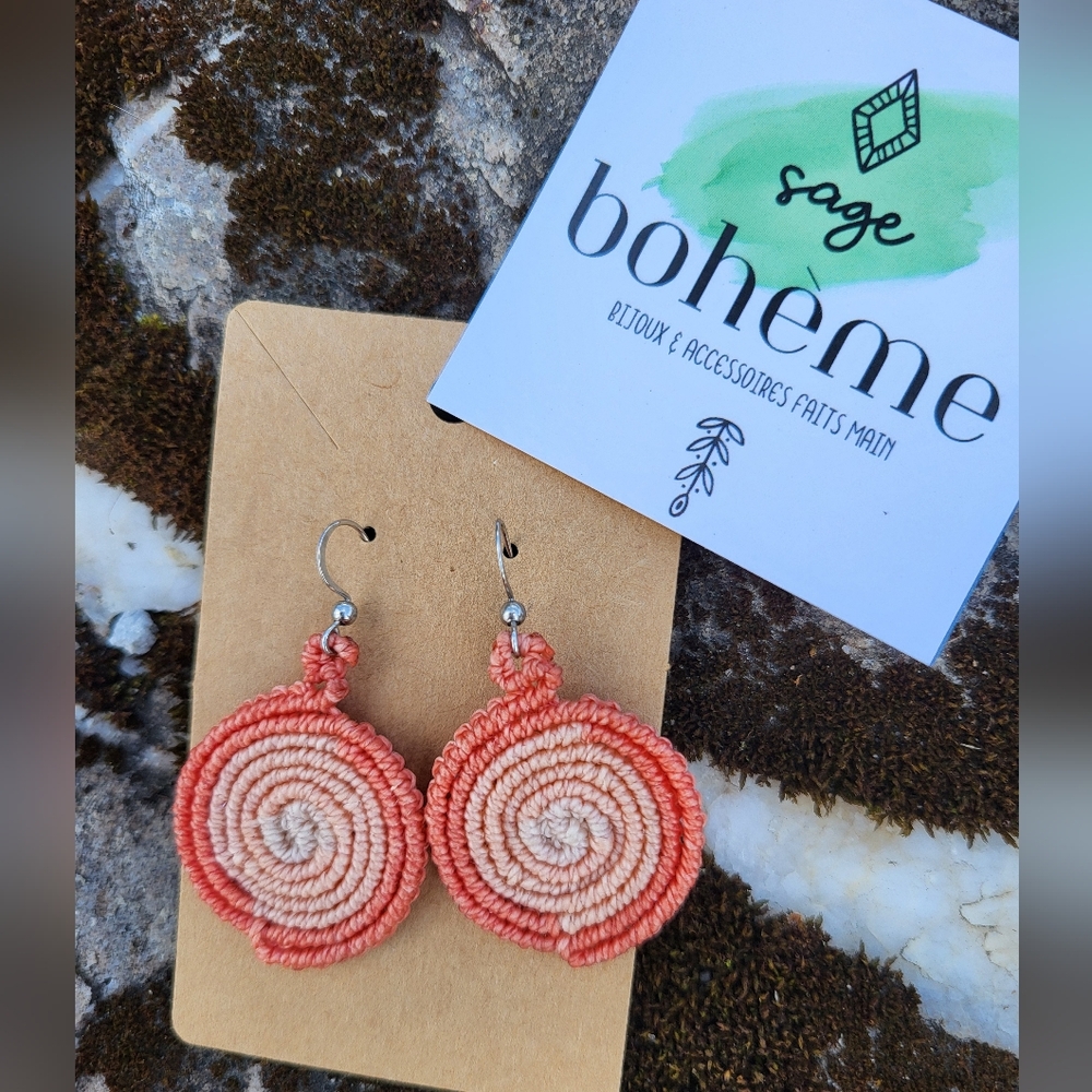 080 New Sage Bohème Handmade Micro-Macrame earrings- coral peach